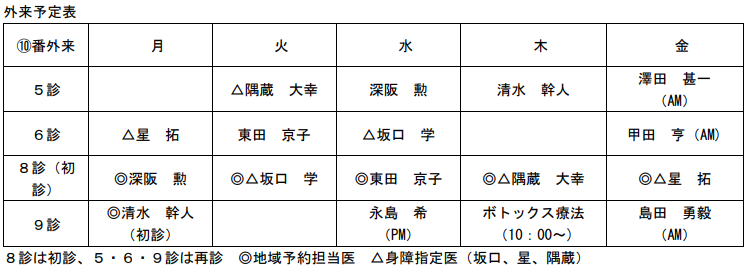 外来診察予定表