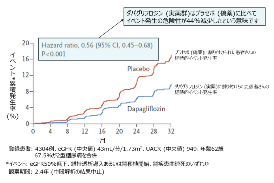 図9. SGLT-2阻害薬であるダパグリフロジンの腎保護効果を証明した臨床試験 (文献10より引用・作図)